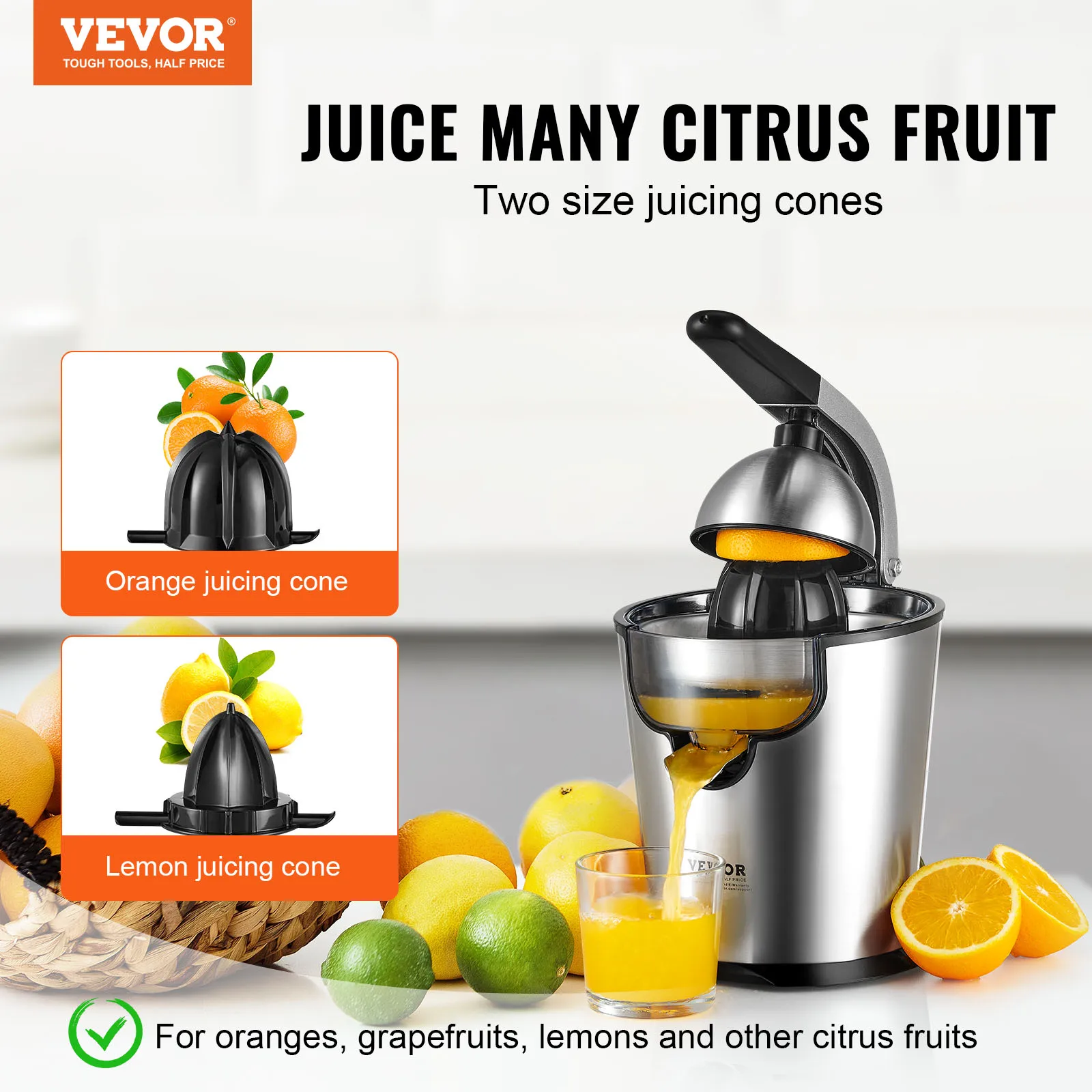 VEVOR Electric Citrus Juicer Orange Juice Squeezer with Two Size Juicing Cones 300W Orange Juice Maker with Soft Grip Handle  2