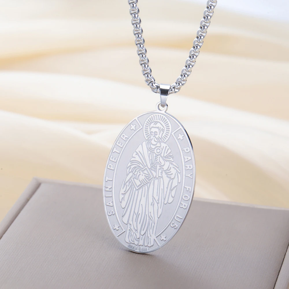 Dawapara Heilige Peter christliche Medaillon-Halskette, religiöser Anhänger, Schutzpatron der Fischer, Taufe, Geschenk, Edelstahl-Schmuck – Detail 7