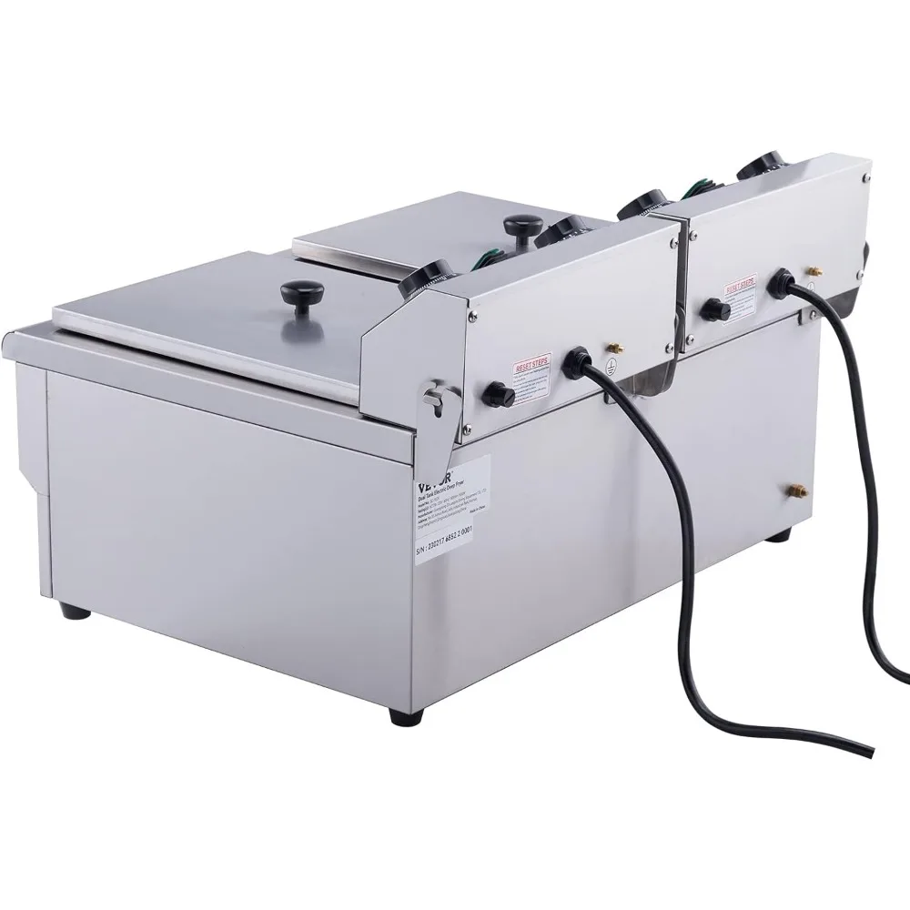 Commercial Electric Deep Fryer, 24L 3000W w/Dual Removable Basket, Stainless Steel Electric Countertop Fryer w/Time Control