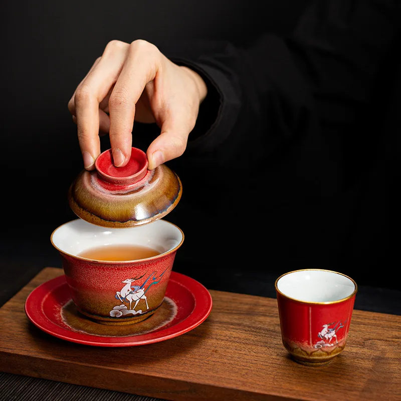 Deer Gaiwan Tea Ceramic Tureen Lid Teaware Chinese Red Tea Bowl Chawan Lily Deng's store