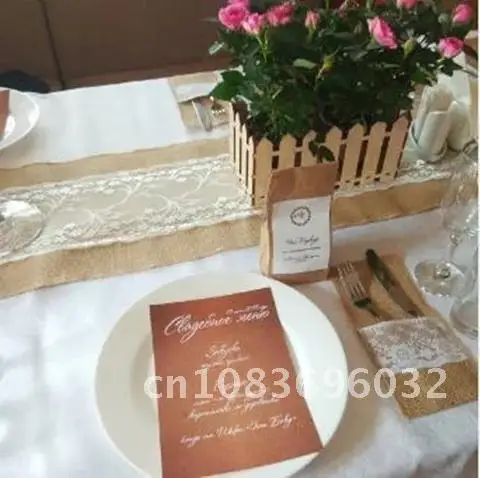 

Cutlery Holder Decoration Rustic Burlap Lace Wedding Cutlery Holder Pouch 4"x8.5" Hessian Decorations Favor 5BB5481