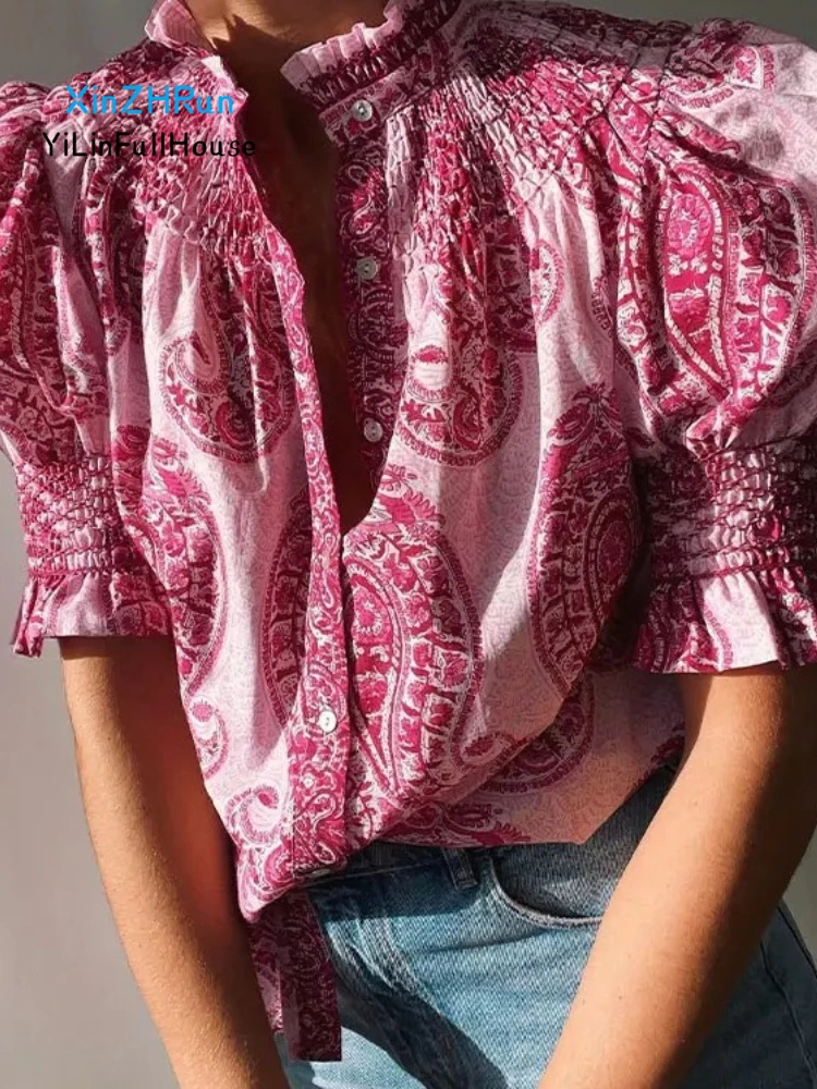 

Summer New Women Fashionable Standing Neck Lantern Sleeves Bright Thread Decoration Single Breasted Retro Print Versatile Top