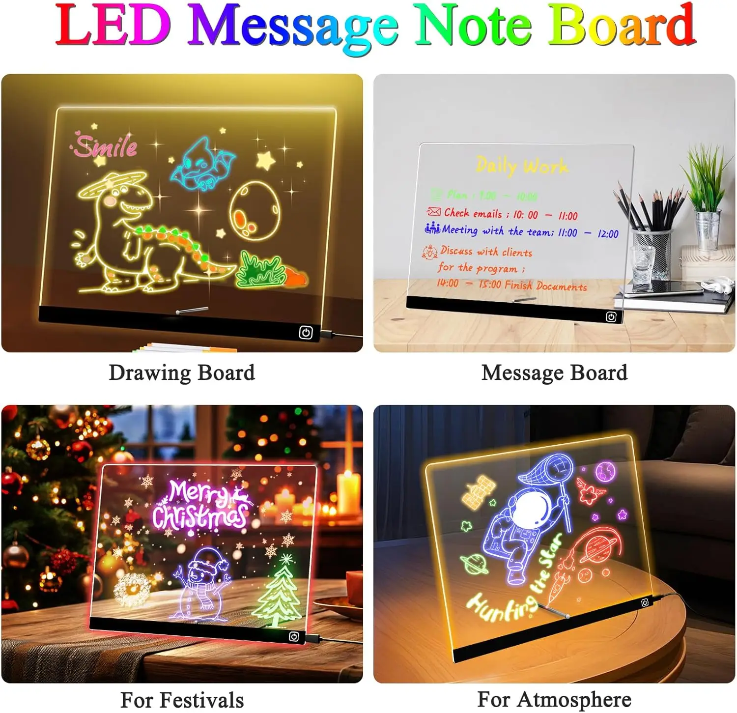 LED 노트 보드, 7가지 색상 조명 아크릴 드라이 이레이저 드로잉 보드 (7개 마커 포함), 생일 파티 크리스마스 선물용 야간 조명