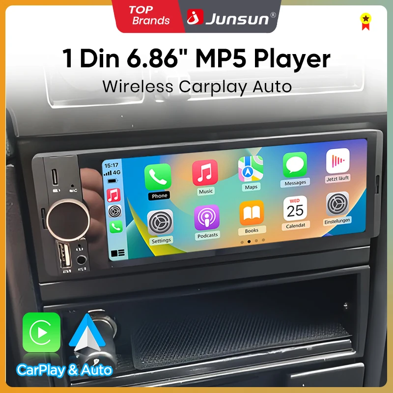 Junsun 6,86 ''1 Din estéreo de coche Bluetooth inalámbrico para Apple Carplay Android Auto FM MP5 reproductor de Radio pantalla táctil IPS Universal 1