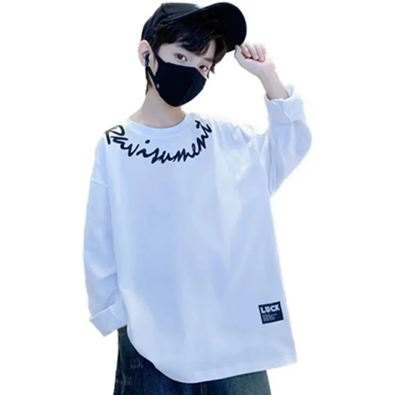 

Teenage Boys Long Sleeve Casual Tshirt Spring Autumn Cotton Black White Korean Fashion Letter Undershirt Tops Children's Clothes