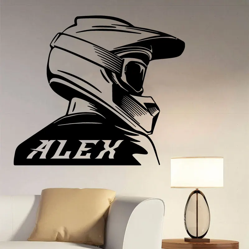 개인화 된 사용자 정의 이름 비닐 벽 스티커 Motocross Rider Racer 초상화 어린이를위한 선물 소년 방 아트 장식 데칼 바탕 화면