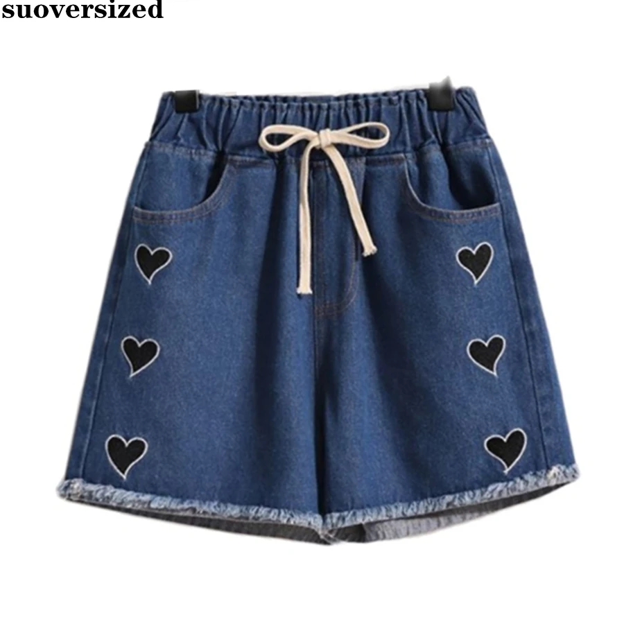 

Printe Heart Baggy Jeans Shorts Summer Women Lace Up Pantalones Cortos Oversize 4xl Wide Leg Denim Pants Elastic Waist Vaqueros