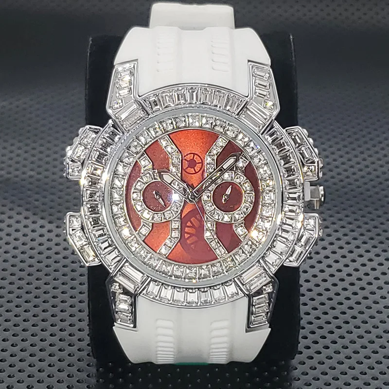 MISSFOX Luxury Ice Out Men's Watch Iced Red Quartz Hip Hop