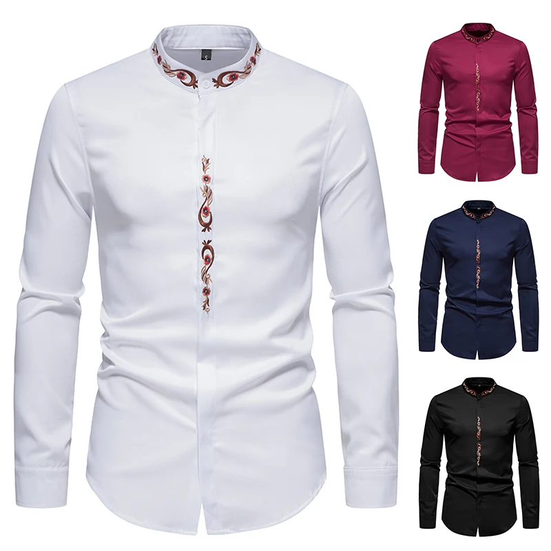 

New Trend Casual Party Shirt Flower Embroidered Stand Collar Shirt Repair Casual Men's Tops