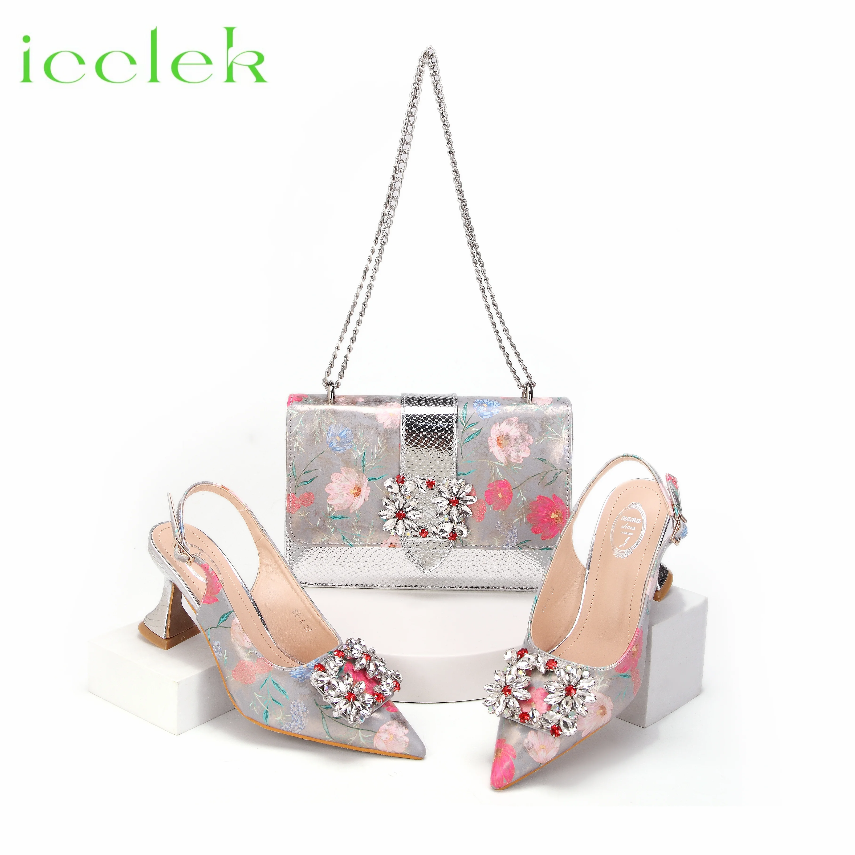Women High Heels Sandals Printing Flower Material with Rhinestone Italian Design Coffee Color Pointed Toe Shoes and Bags Set