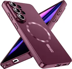 Magnetic Full Camera Cover Metallic Glossy Phone Case with MagSafe Compatibility - Samsung S26Plus (Wine Red)