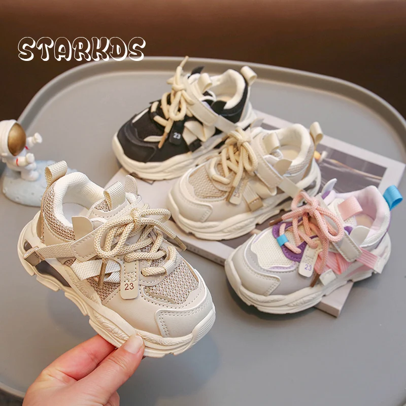 Brand Design Kids Sneakers 2023 Spring New Thick Sole Mesh Tennis Boys Soft Sport Shoes Toddler Girl Casual Hook & Loop Footwear 2
