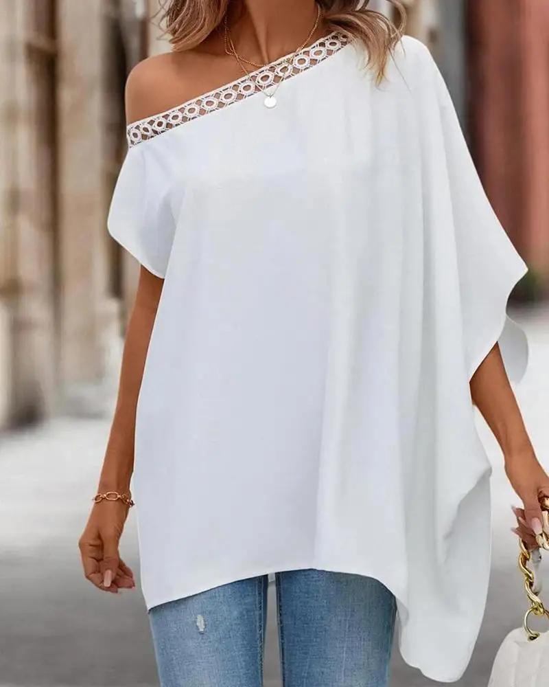 

Asymmetrical Lace Lace Stitching Bat-sleeved Loose Top Chic Fashion Summer Casual Form-fitting Skew Collar Woman