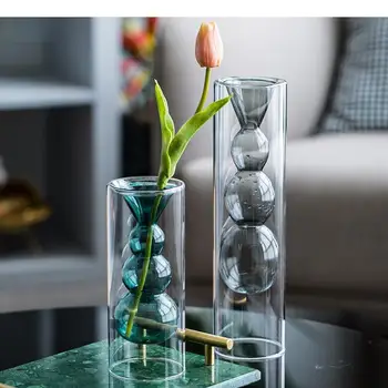 Colored Transparent Glass Vase Desktop Decoration Flower Arrangement Container Double-layered Hydroponic Vases