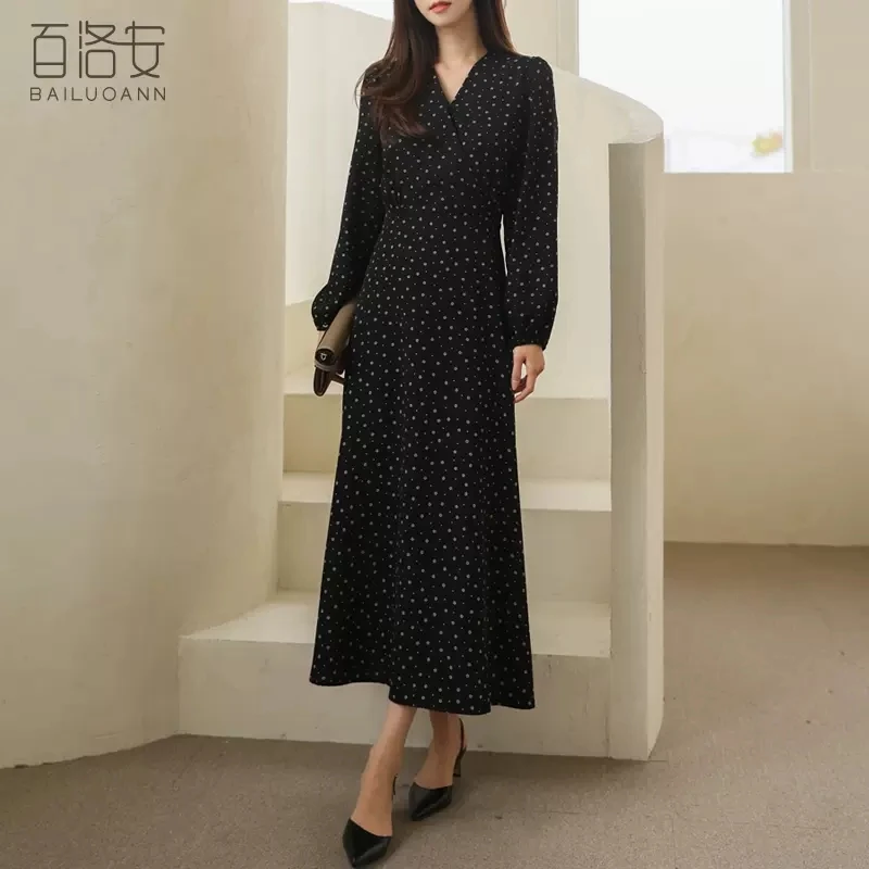 

Floral dress female lace-up waist slim A-line skirt spring new temperament V-neck long sleeve long skirt