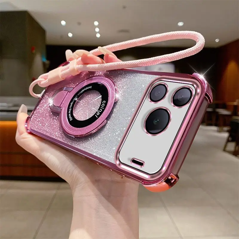 Gradient Glitter Electroplated Phone Case with Holder & Hand Strap