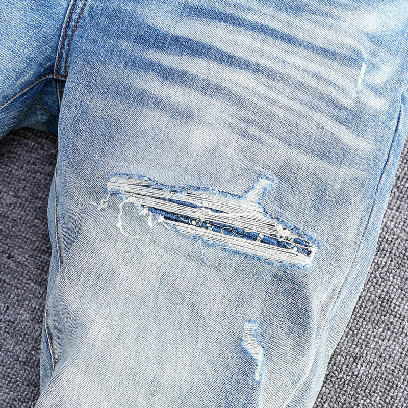 High Street Fashion Men's Jeans Vintage Blue Elastic Slim Fit Perforated Jeans Men's Panel Designer High Quality Elastic Hip Hop