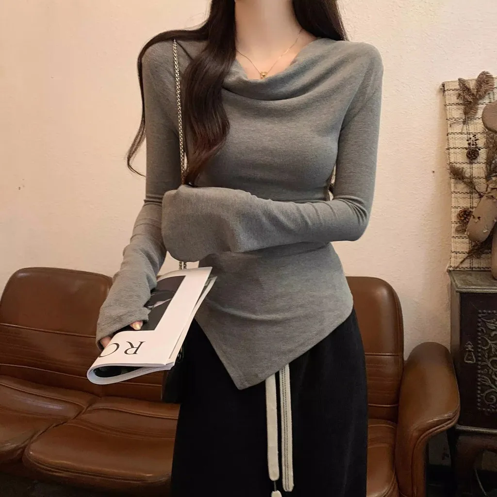 Women Slim Fit Long Sleeve Top Cowl Neck Off Shoulder Irregular Hem Bodycon Tee Casual Y2K Streetwear Blouse 4