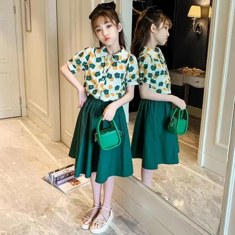 

Fashion Girls Dresses Summer 2024 Teen Kids Short T shirt + Dress 2PCS Casual Dress for Girl Children Vestido 8 10 12 14 Year