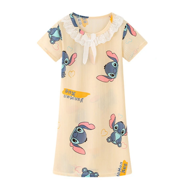 New Summer Dress Girls Nightdress Stitch Cartoon Clothes Pajamas Children's Clothing ShortSleeve Pajamas Dress Kids Family Wear