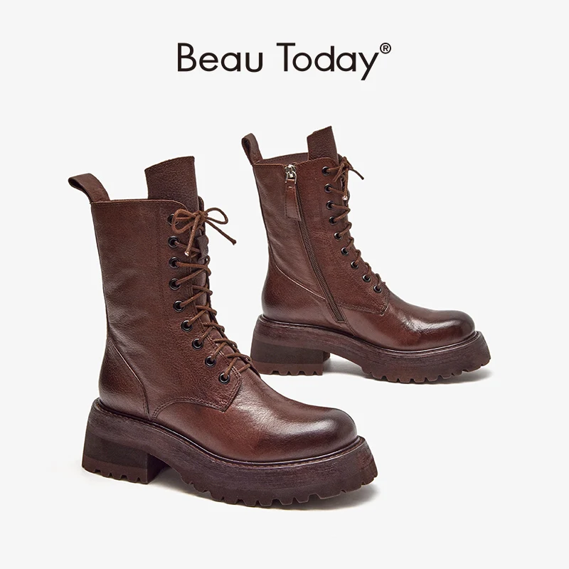 BeauToday 발목 부츠 여성 말 가죽 크로스 묶여 왁싱 라운드 발가락 지퍼 레트로 숙녀 오토바이 부티 수제 02393