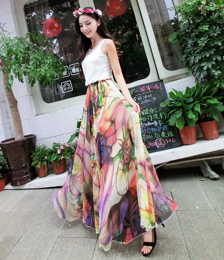 floral impressão maxi bohemia saia longa férias