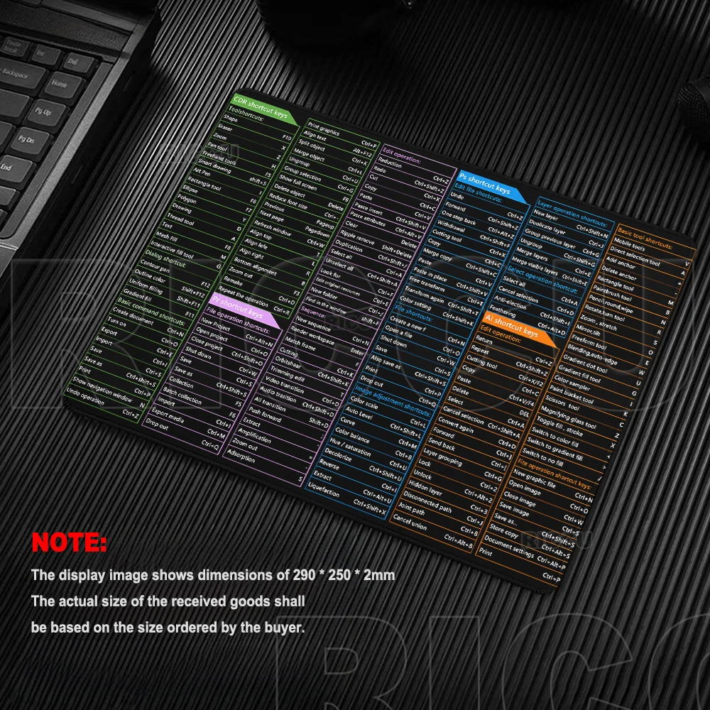 HD-Druck Excel Shortcut Keys 29X25CM Mauspad Ai PS Pr Schreibtischunterlage mit genähtem Rand Rutschfestes Zubehör Tischmatten Büro XXs Matte