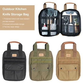 Set di Utensili da Cucina da Campeggio con Borsa e Manico, Organizer per Coltelli, Forchette e Cucchiai per BBQ, Campeggio e Viaggi