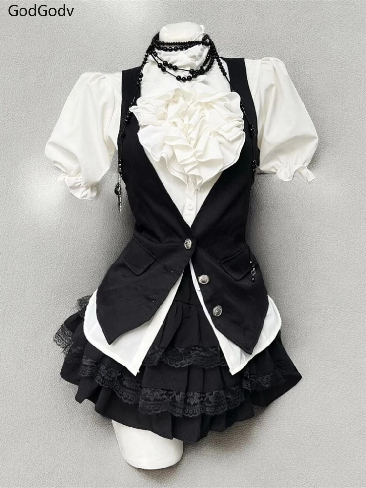 Spring Sweet Retro Elegant Woman 3 Piece Sets Preppy Style Black Vest + Bow Chic Blouse +High Waist Skirt Female Y2k Korea Style