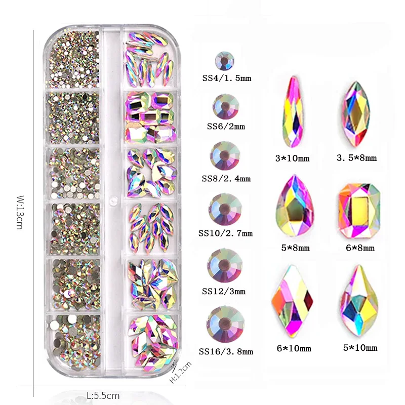 Description Picture 2 of item12Grids Round Rhinestones Mixed Shape Size Adhesive Nail Charms Flatback Crystals Jewelry Nail Decoration Glue On Glass Beads