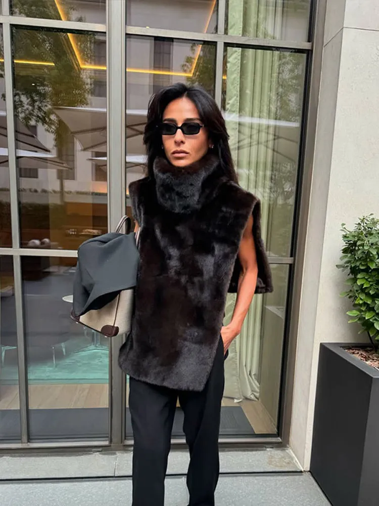 Elegant Women's Faux Fur High Neck Waistcoat - Fluffy Sleeveless Fashion Vest