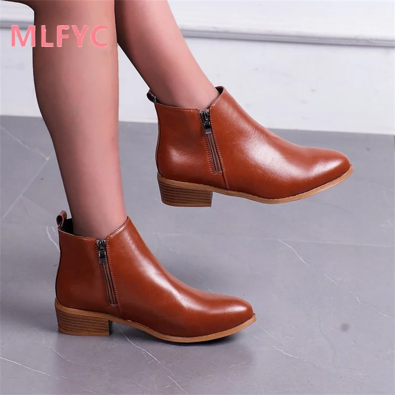 Women's Fashion Autumn and Winter New Low Heel Short Boots Ladies Side Zipper Square Heel Round Toe Bare Boots