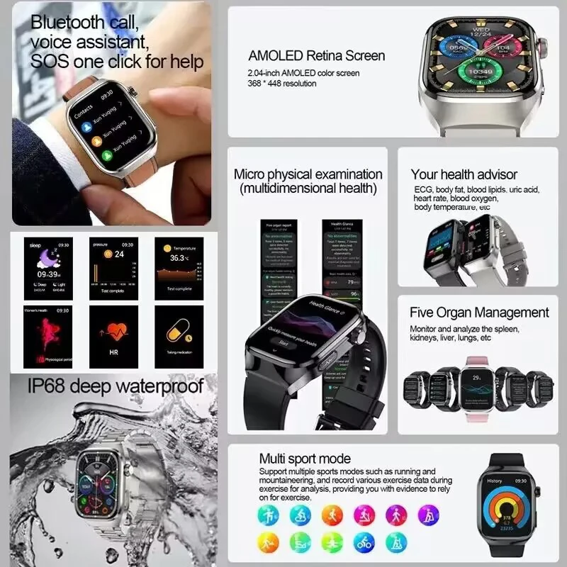 2026 AI Laser Diagnosis Health Smart Watches Men ECG+PPG Blood lipids Uric acid Heart Rate Blood pressure Sports Call Smartwatch