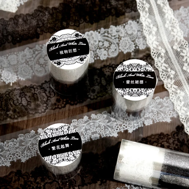 

Transparent Black White Openwork Lace Tape Masking Sticker Tape Vintage Hollow Adhesive Sticky Tape Scrapbooking DIY Decoration