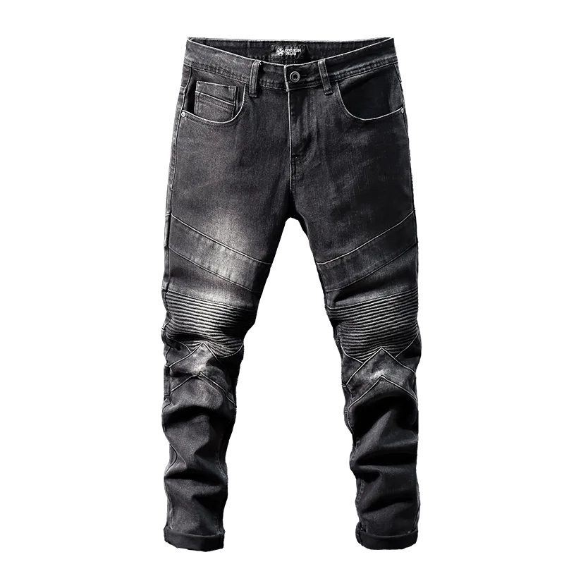 Motorcycle Jeans Men's Fashion Street Stitching Design High-End Quality Trendy Casual All-Matching Skinny Pencil Trousers