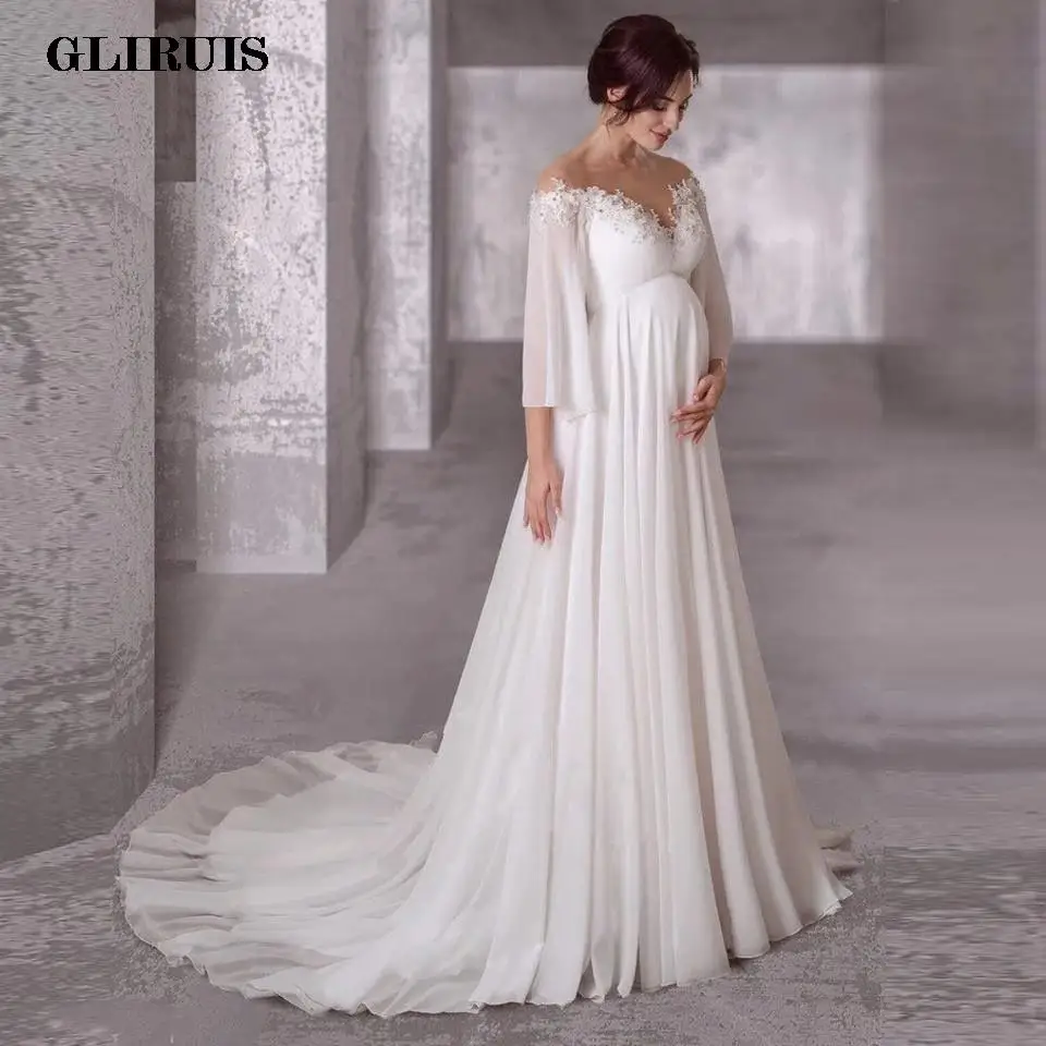 

Gorgeous Chiffon Wedding Dresses 2022 Long Sleeves Bohemian Pregnant Bridal Gowns Sweep Train Elegant Simple Robe De Mariage