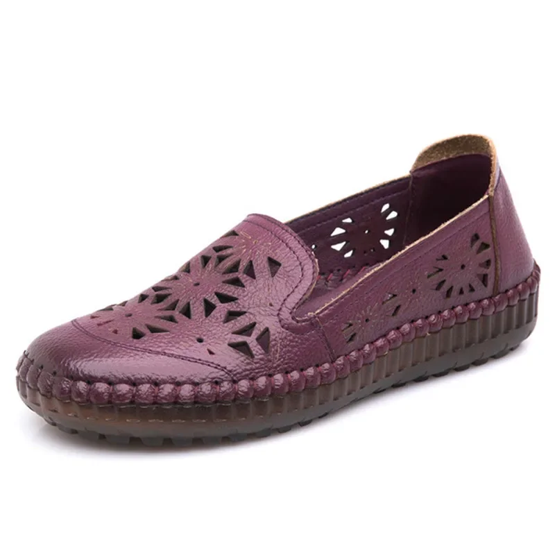 TIMETANG Fit Wide Foot Handmade Genuine Leather Flat Shoes Women Summer Shoes Lady Loafers Breathable Soft Hollow Female Shoes 2