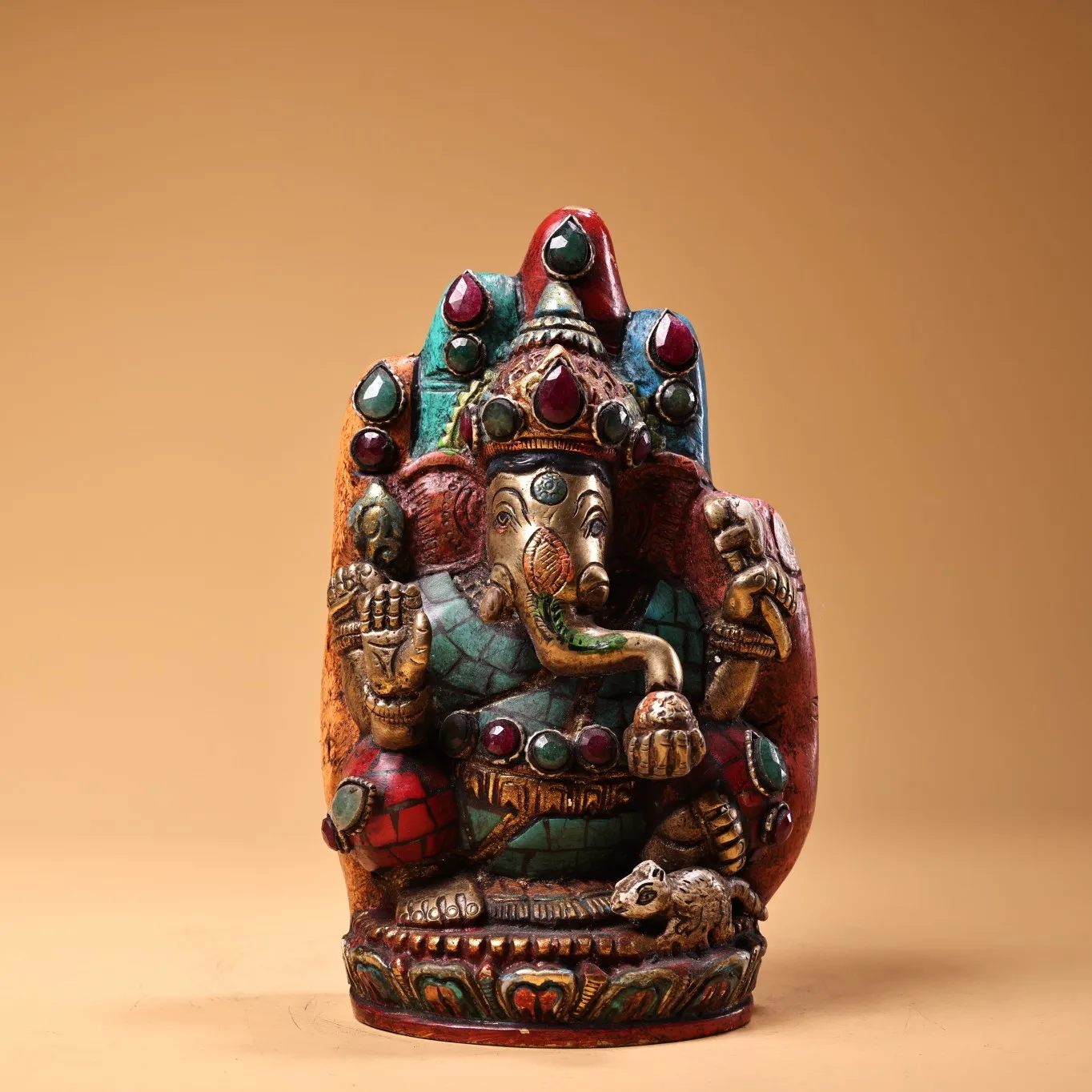 

6"Tibetan Temple Collection Bronze Painted Outline in gold Mosaic Gem Bergamot Ganesha Buddha Hand Buddha Worship hall