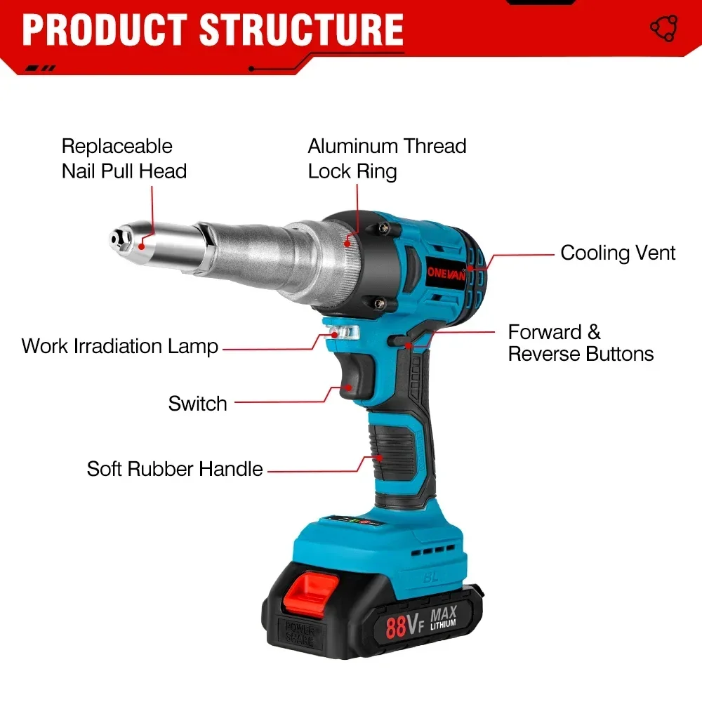 20000N Brushless Electric Rivet Gun 720W 2.4-5.0mm Cordless Rivet Nut Gun Drill Insert Auto Riveting Tool For Makita 18V Battery 5