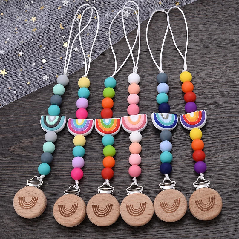 Beech Wooden Baby Pacifier Clip Handmade Cartoon Rainbow Silicone Teething Beads Infant Nipple Chain Nursing Toy Chew Gift 2