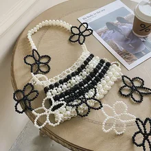 

Beaded Bag Pearl Weaving Hollow Flower One-shoulder Hand-held Mobile Phone Evening Handbag Detachable Chain Wholesale Available