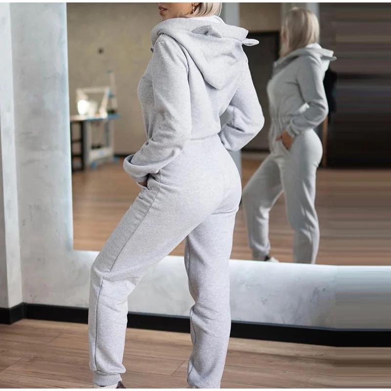 plus size pant suits Women Casual Solid Zipper Tight Jumpsuits One Piece Sets 2022 Spring Female Fashion Slim Hoodie Elastic Pencil Pant Tracksuits plus size sweat suits