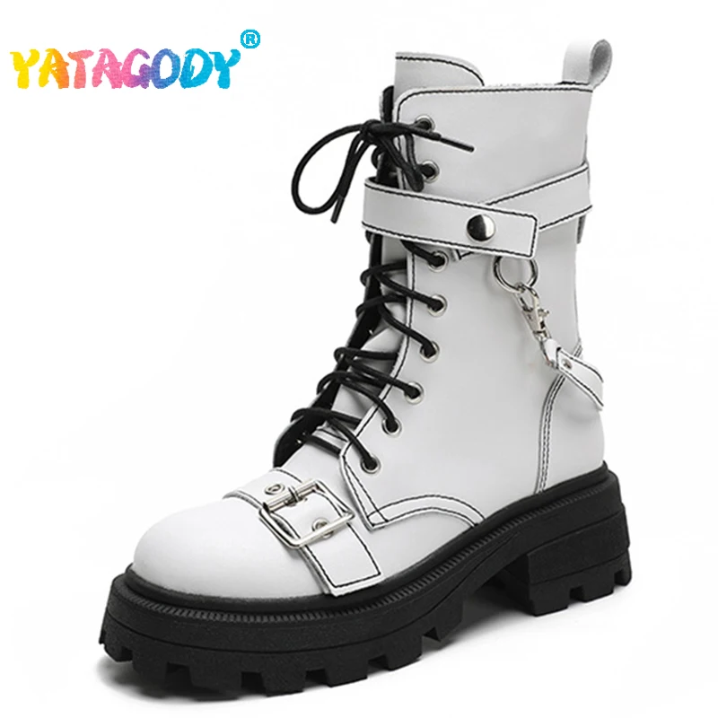 

YATAGODY Size 35-41 Women Short Boots Real Leather Punk Buckle Strap High Heels Shoes Woman Winter 2023 Platform Motorcycle Boot