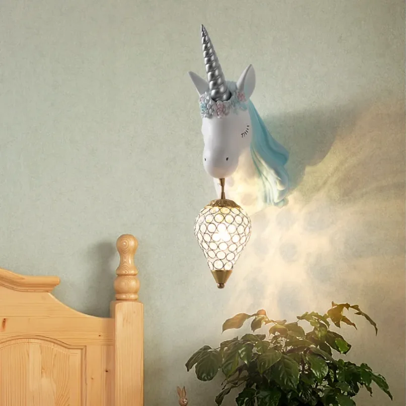 Novelty Unicorn Pink Wall Mounted Lamps for Children Kids Bedroom Bedside Cute School Horse Sconce Light Fixtures Girl Indoor 4