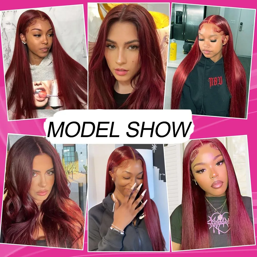 28 Inch 99J Straight Lace Front Wigs Human Hair Red Colored Wig Pre Plucked with Baby Hair for Black Women