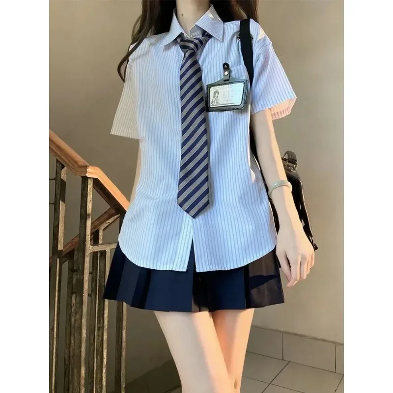 Japanese Style Striped Short Sleeved Jk Uniform Tie Women Summer Korean Chic Sailor Uniform Shirt Skirt School Clothes