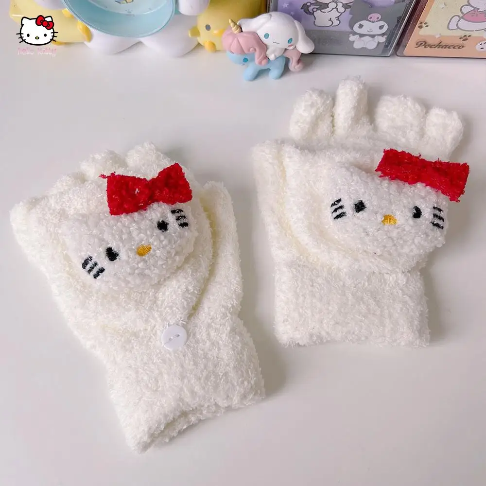 Cinnamoroll Anime Sanrio Kuromi Plush Flip Warm Outdoor Cold Proof Cover Gloves Exposed Fingers Mobile Touch Screen Gloves 5-16Y