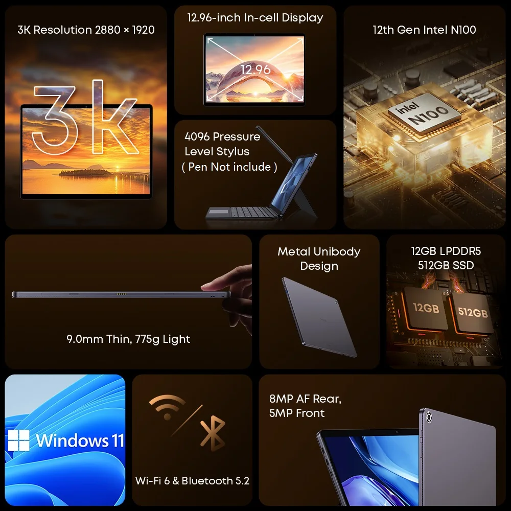 CHUWI 2 In 1 Hi10 Max Tablet PC 12.96inch 2880*1920 Screen Core N100 Laptop 12GB RAM 512GB ROM Windows 11 Tablets 2.4G/5G WiFi 2