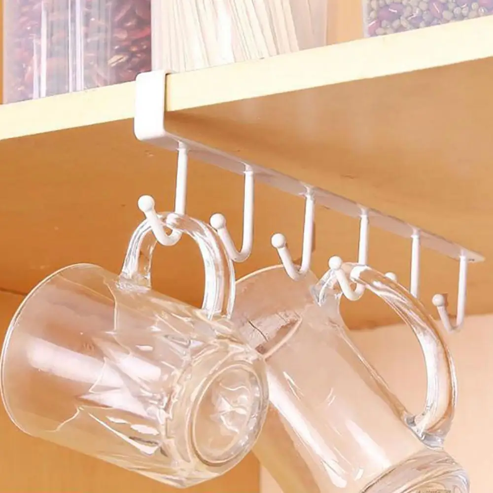 Kitchen Cutlery Cup Storage Rack With 6 Hooks Wall Mount Cupboard Hanging Hook Clothes Hanger Rangement Cuisine Cup Storage Rack