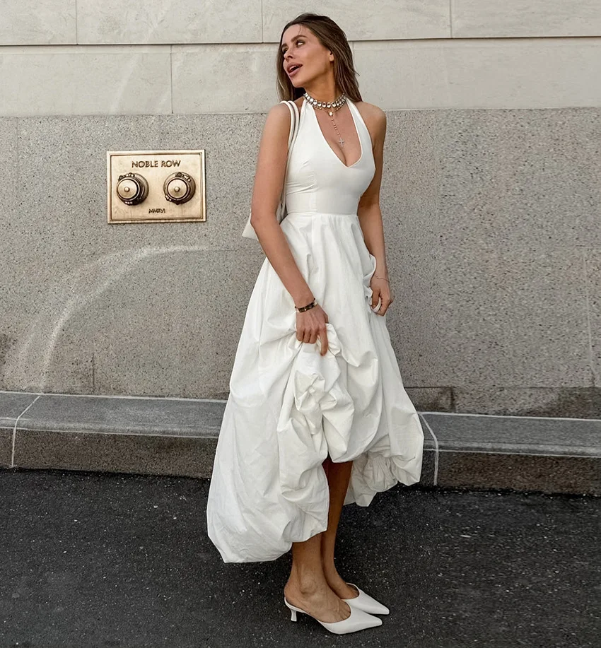 White V-Neck Backless Long Dress Female Sleeveless High Waist Fashion Elegant Luxury Bodycon Dress Women Solid Maxi Dress